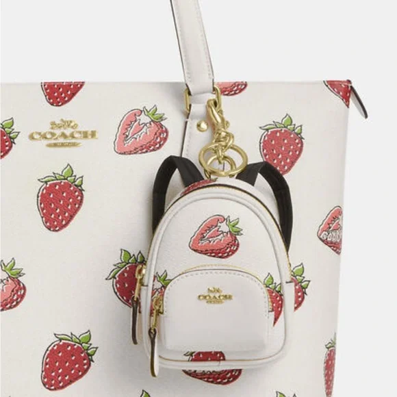 New Coach Mini Court Backpack Bag Charm with Strawberry Print CAO93 - Picture 3 of 5